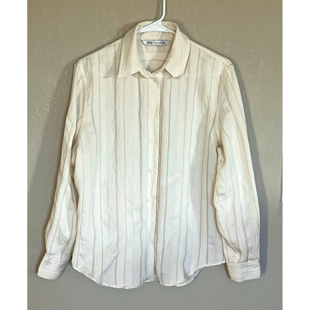 ZARA Women's White Striped Cotton Long Sleeve Button-Front Collared Shirt S